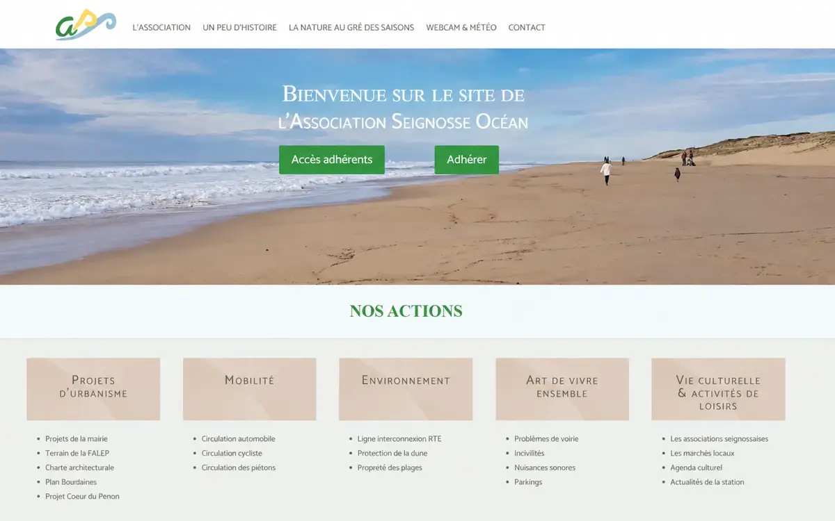 Page d’accueil du site de l’association Seignosse Océan