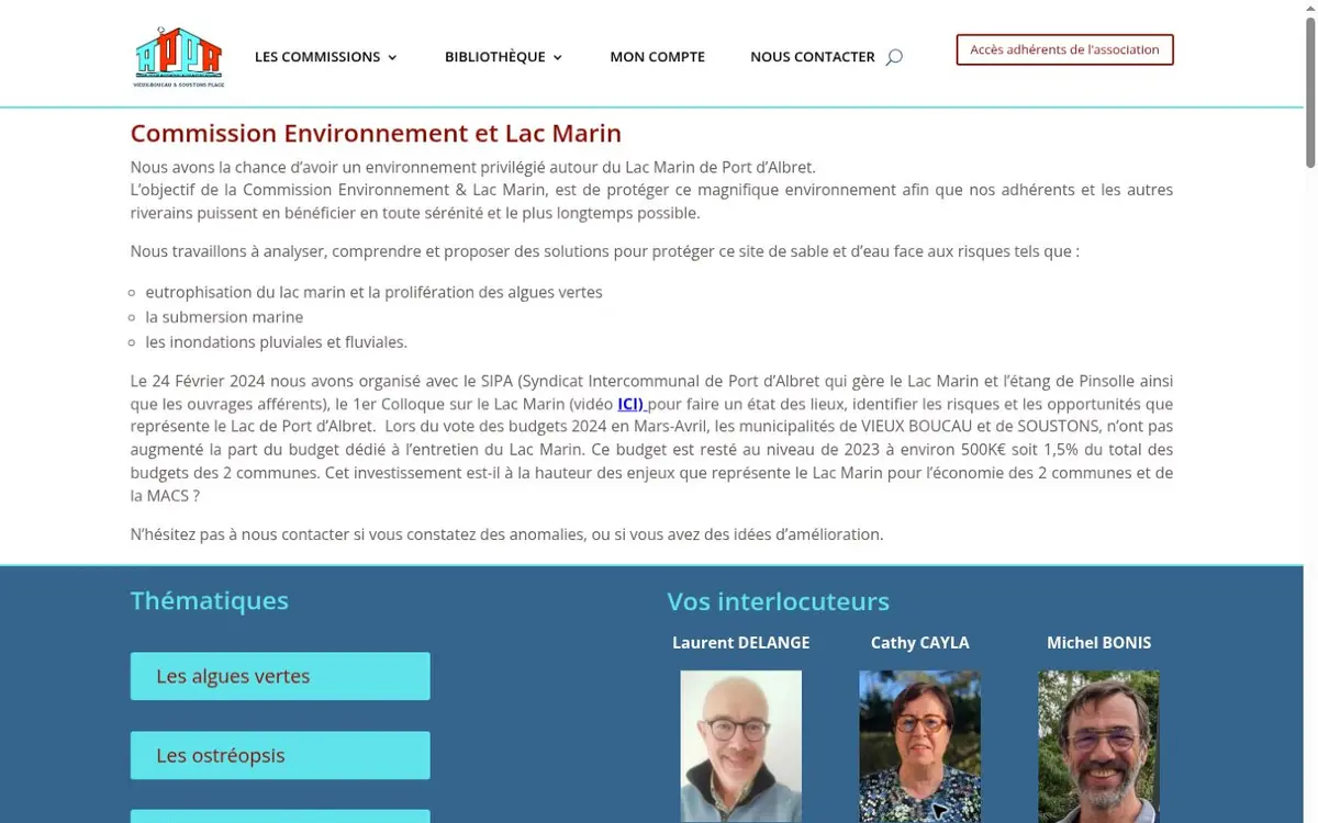 Page de la commission Environnement et Lac Marin de l’APPA 40 présentant ses thématiques et ses interlocuteurs