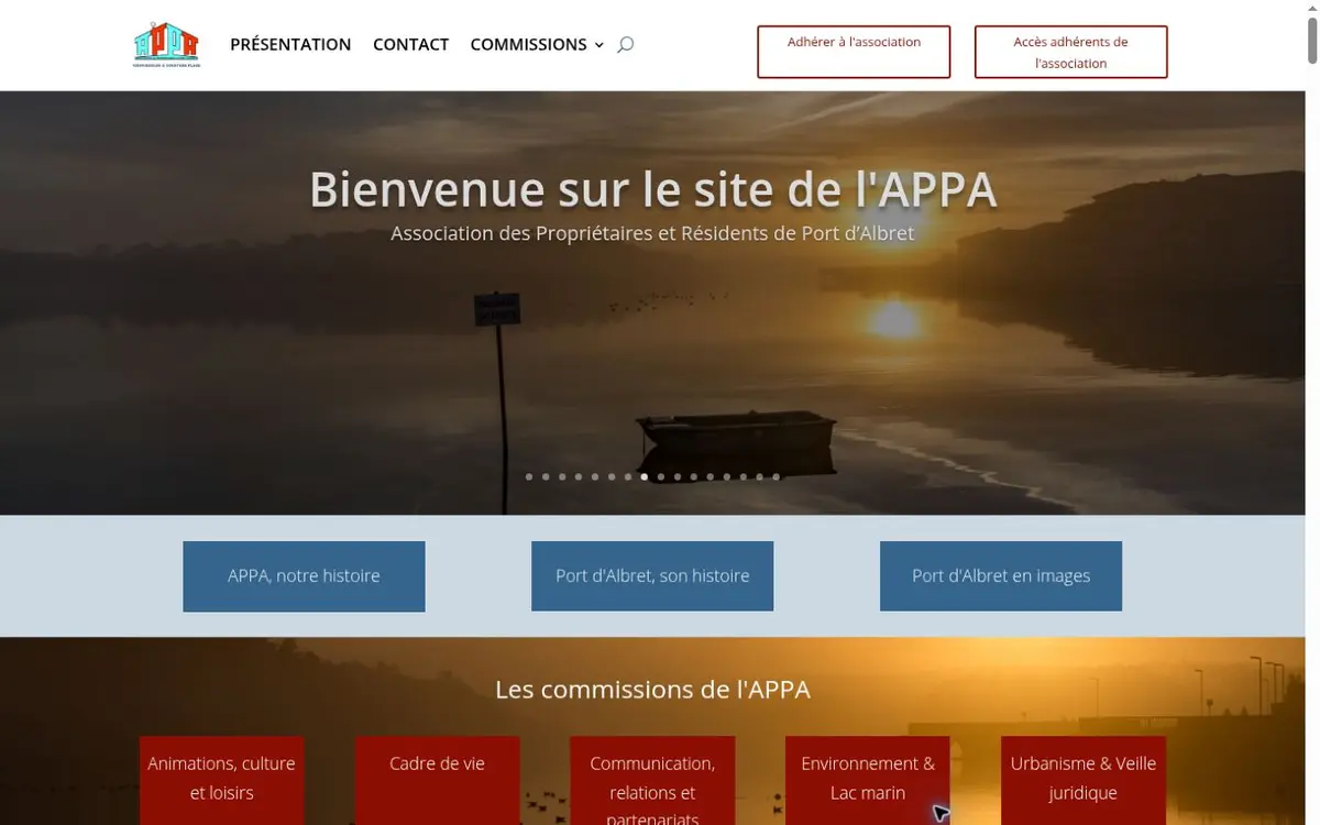 Page d’accueil du site de l’APPA 40 avec les accès à l’adhésion, à l’espace adhérents et aux commissions