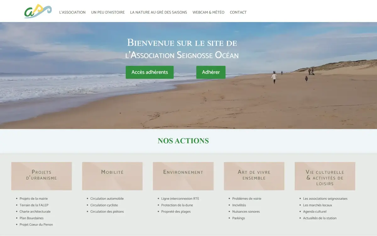 Page d’accueil du site de l’Association Seignosse Océan