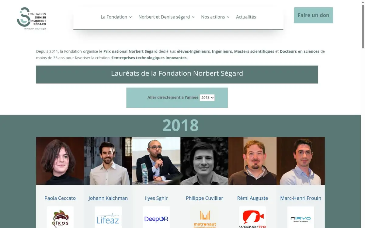 Page présentant les lauréats du Prix national Norbert Ségard par année