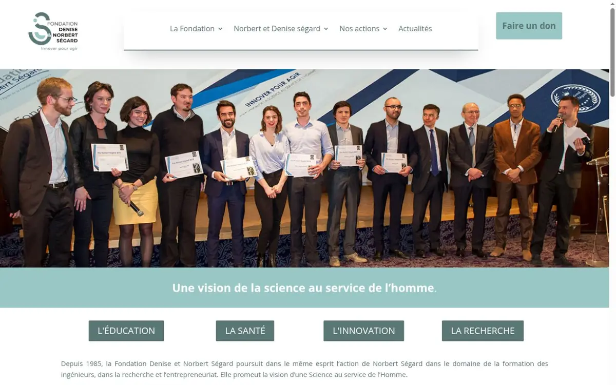 Ancienne page d’accueil du site de la Fondation Denise et Norbert Ségard présentant ses lauréats et ses domaines d’action