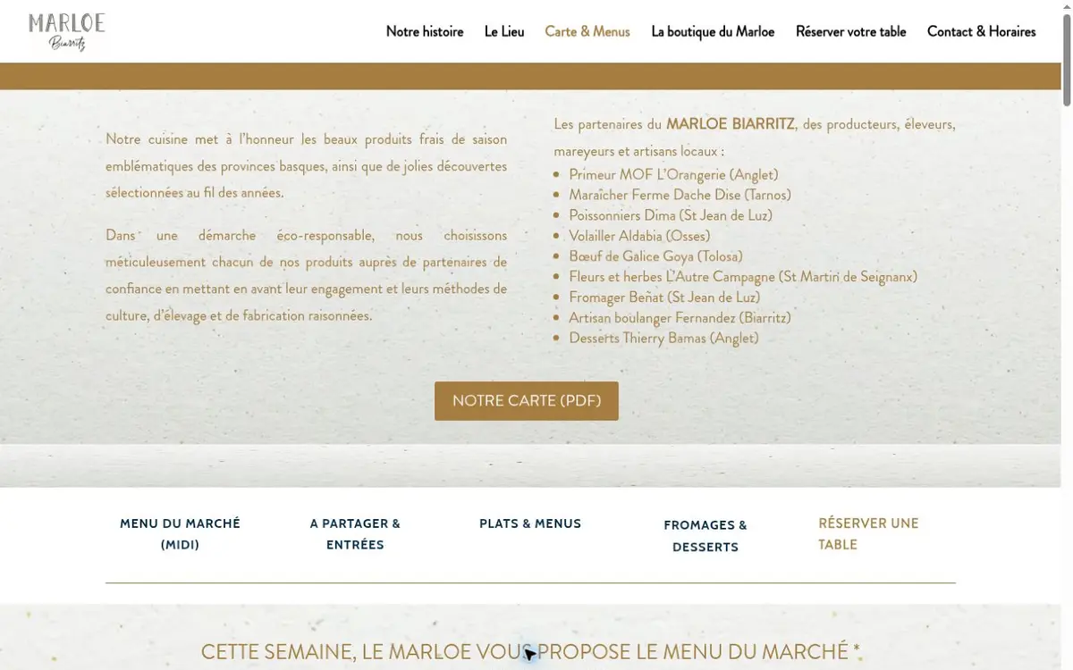 Page de la carte et des menus du restaurant Marloe