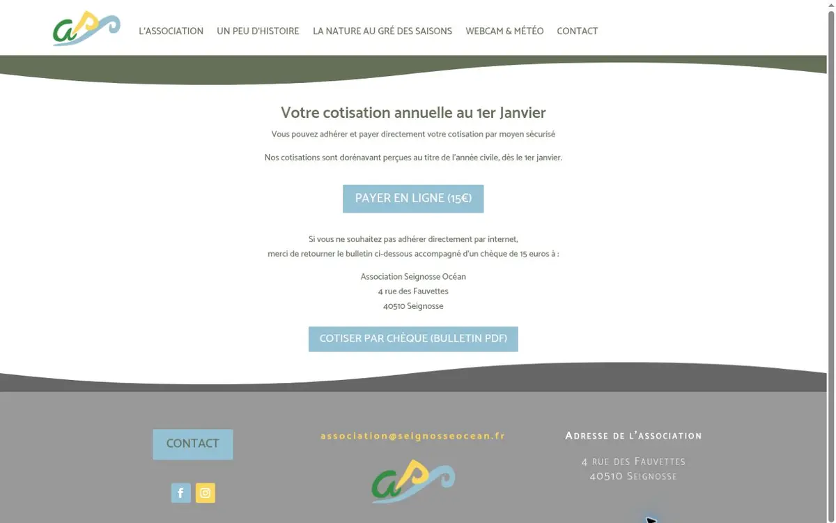 Page d’adhésion en ligne de l’Association Seignosse Océan
